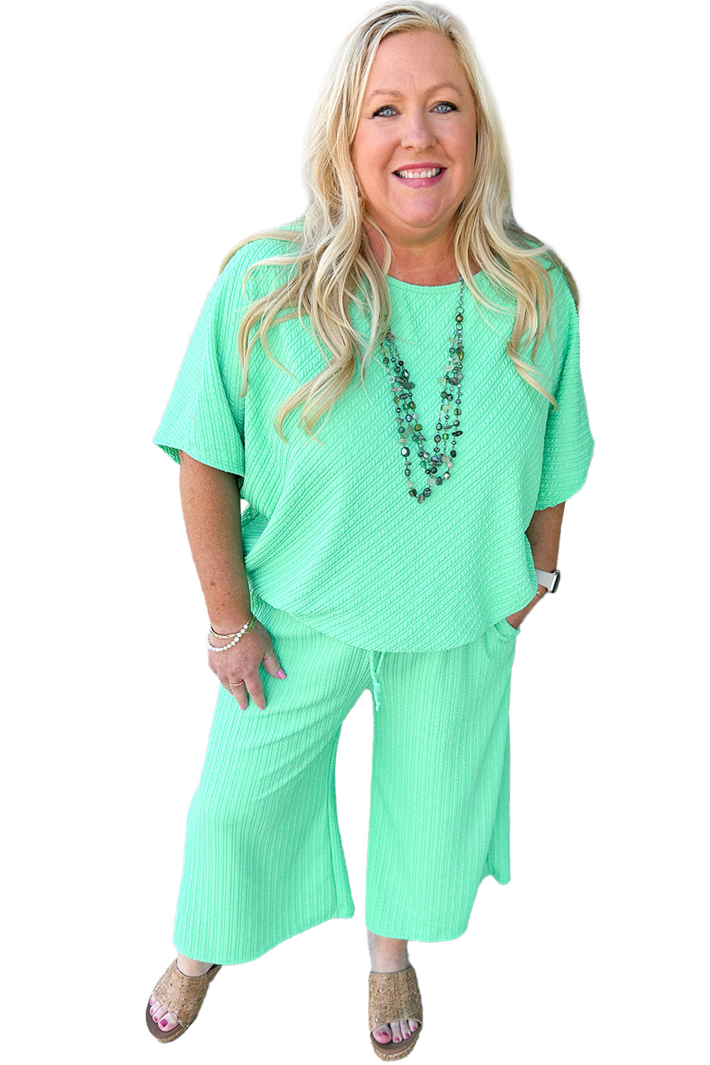 Mint Green Textured Batwing Sleeve Tee & Wide Leg Pants Plus Size Set