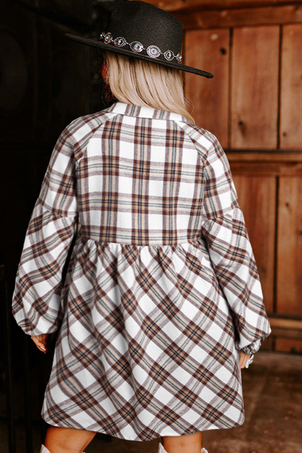 White Plaid Bubble Sleeve Flowy Shirt Dress