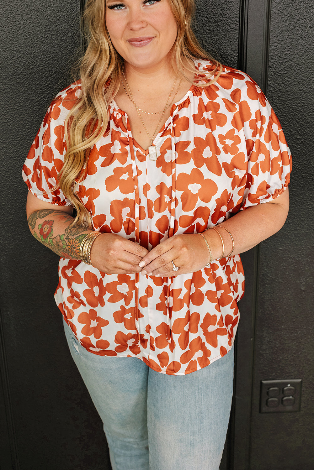 Orange Floral Print Drawstring V Neck Short Sleeve Blouse