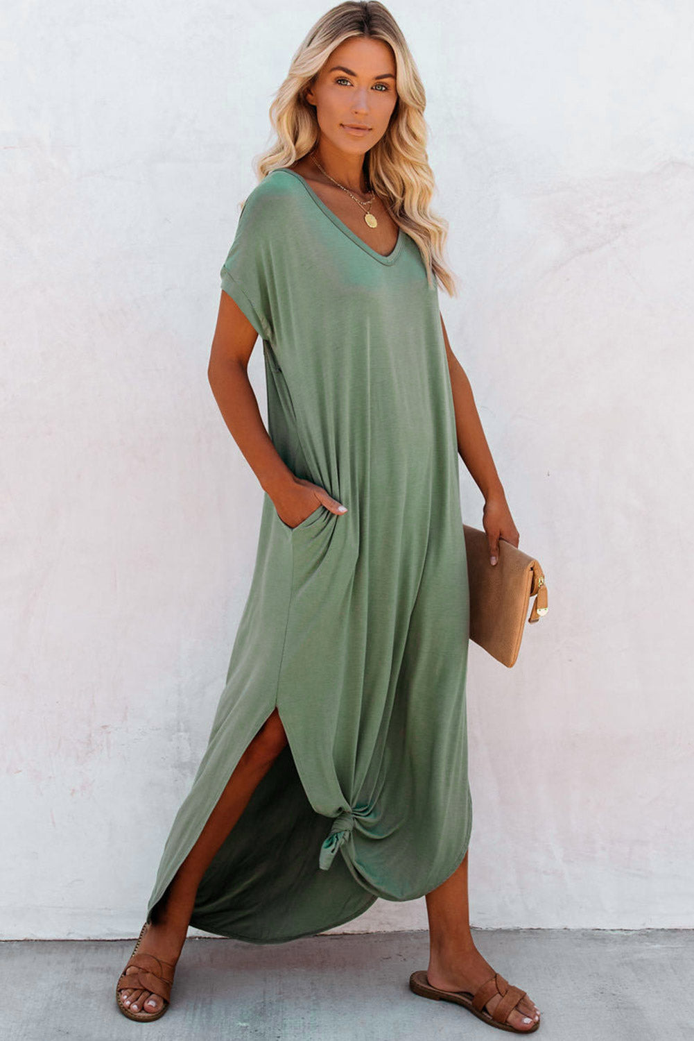 Solid Color Hidden Pocket V Neck Slit Maxi Dress