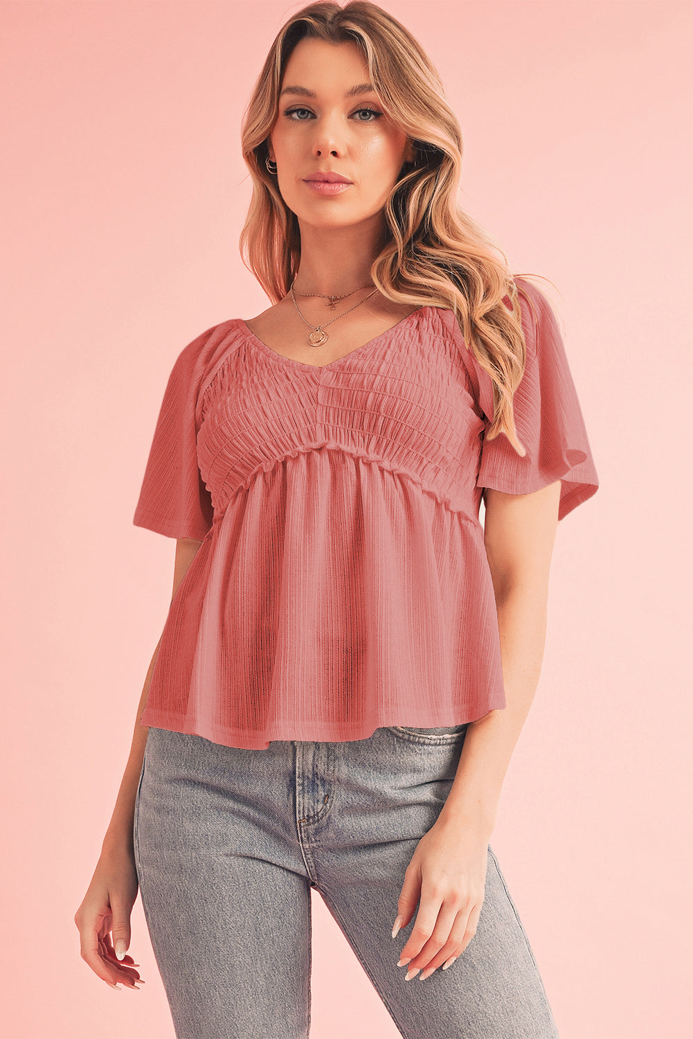 Shirred V Neck Short Flutter Sleeve Textured Blouse