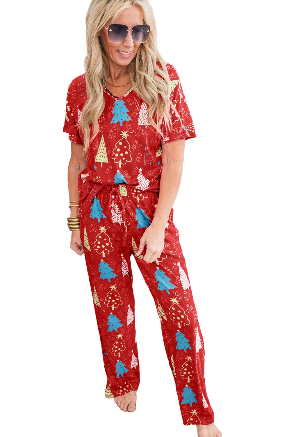 Christmas Tree Print V Neck Tee and Pants Lounge Set