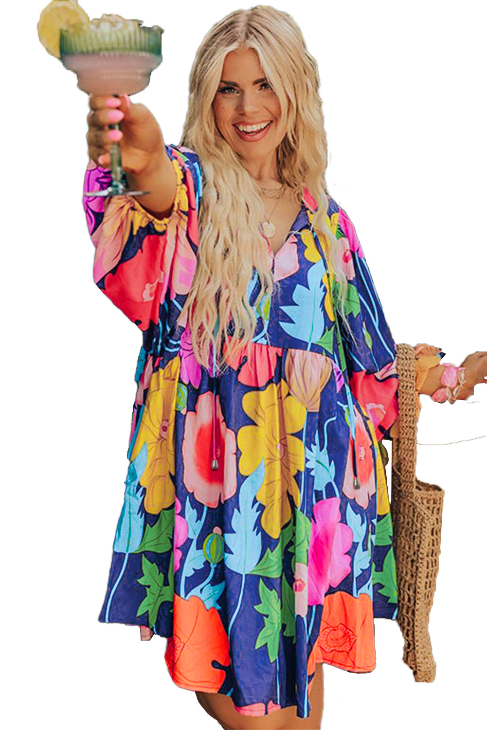 Colorful Floral V Neck Balloon Sleeve Plus Size Babydoll Dress