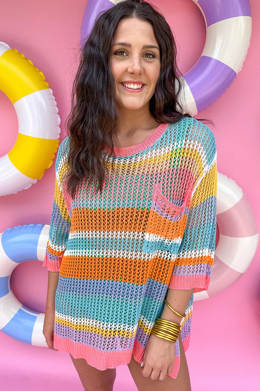 Pink Striped Color Block Hollow Crochet 3/4 Sleeve T Shirt