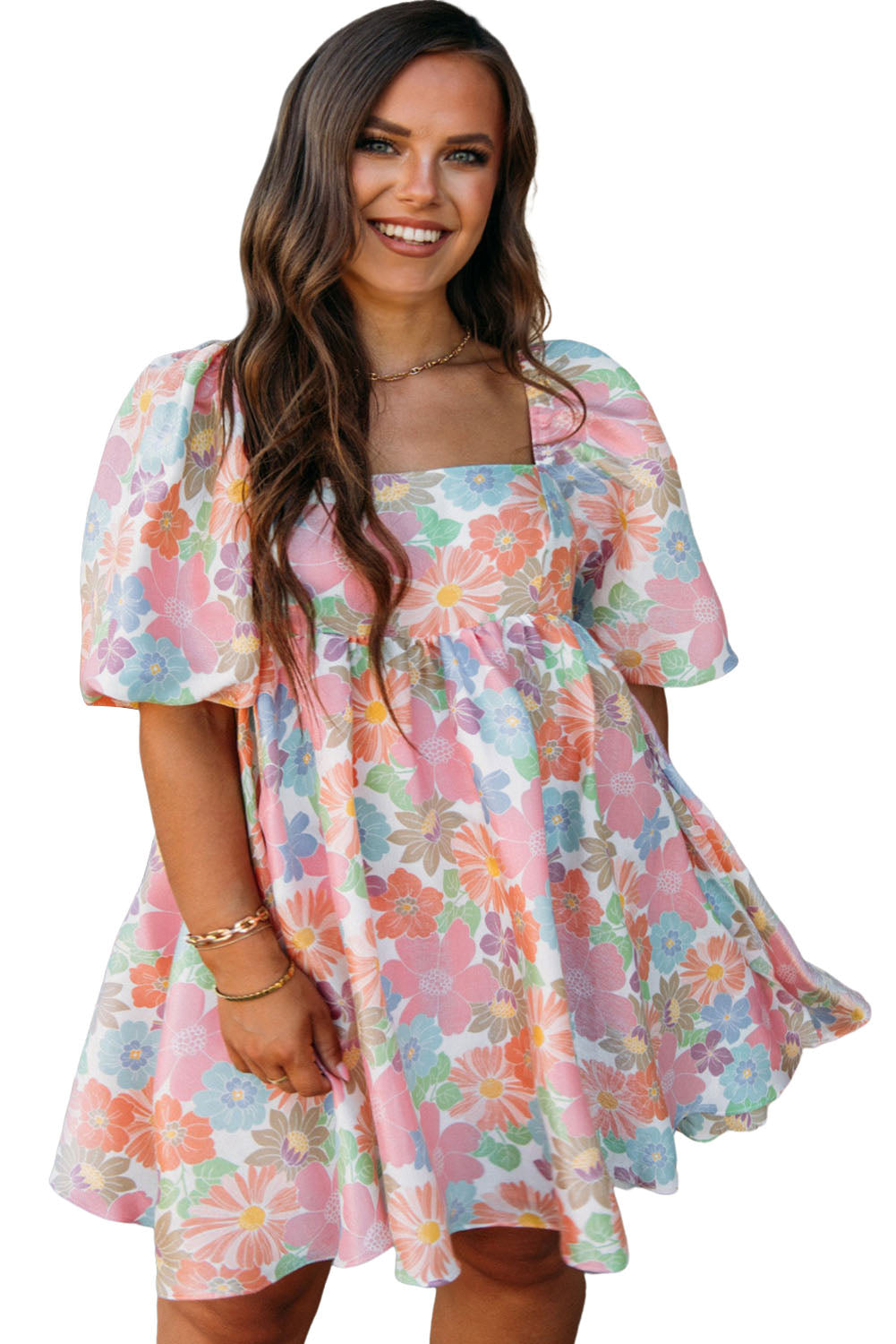 Multicolour Floral Puff Sleeve Square Neck Plus Babydoll Dress