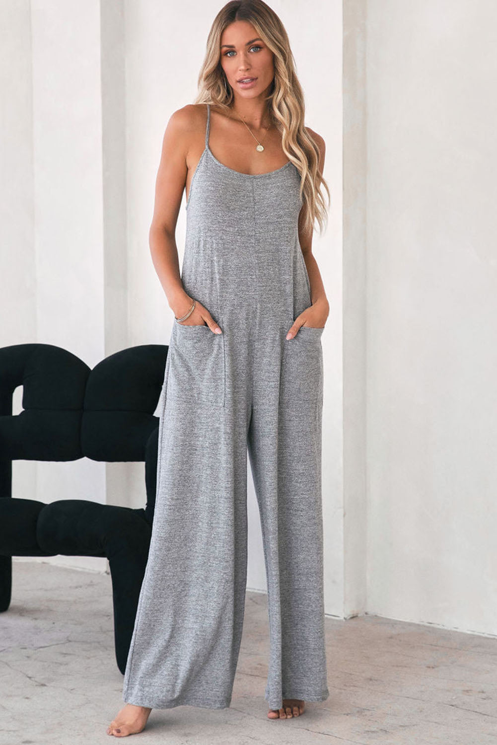 Black Loose Fit Side Pockets Spaghetti Strap Wide Leg Jumpsuit