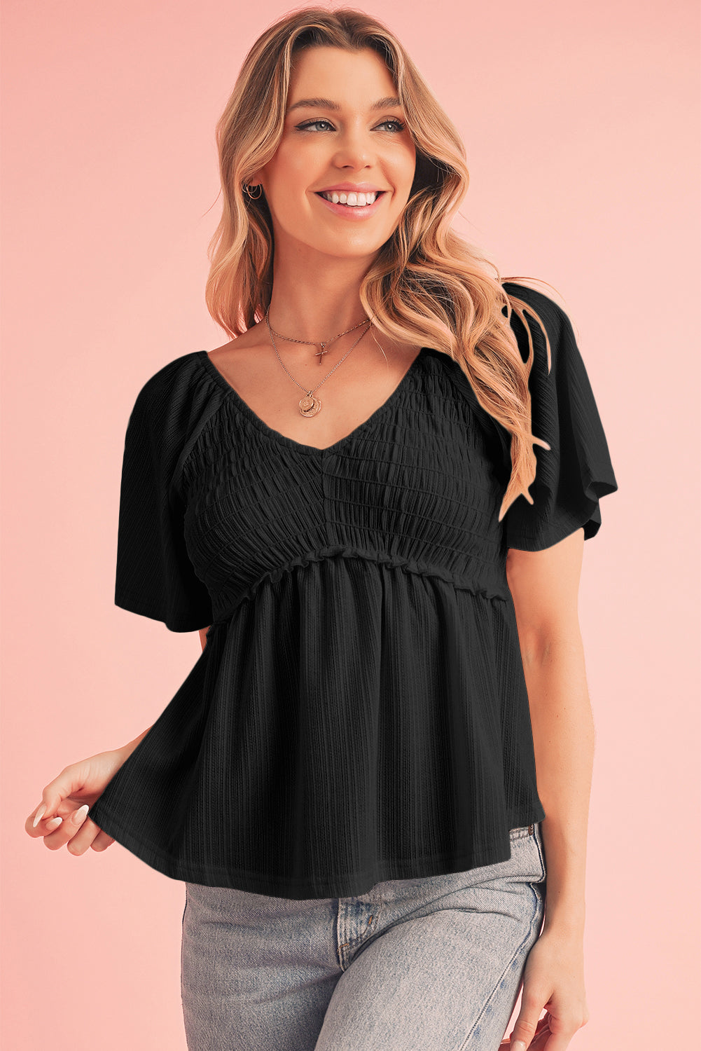 Shirred V Neck Short Flutter Sleeve Textured Blouse