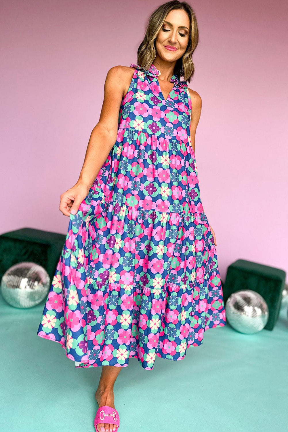 Abstract Print Frill Split Neck Tiered Maxi Dress