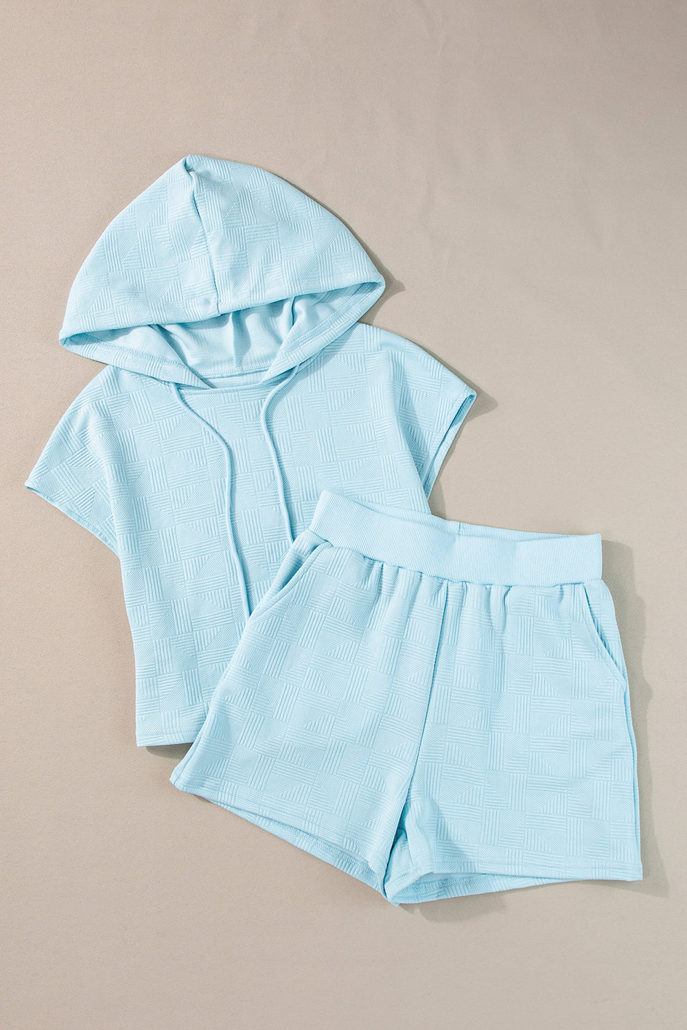 Beau Blue Textured Cropped Drawstring Hoodie and Shorts Set