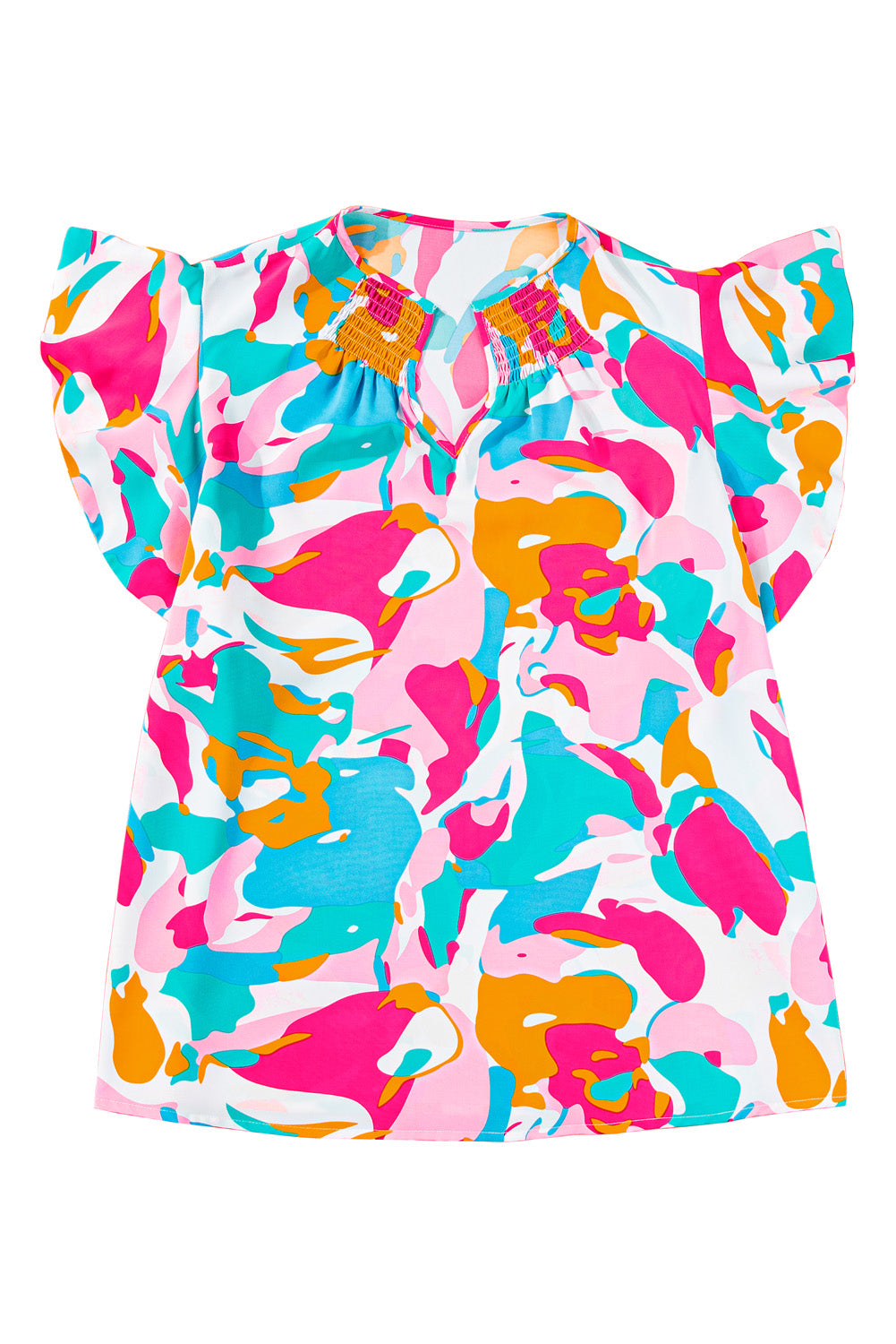 Multicolour Abstract Print Smocked Neck Ruffle Plus Blouse