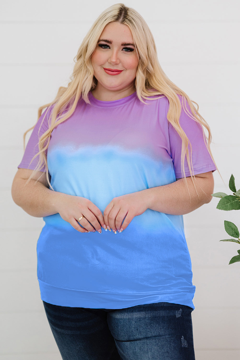 Purple Casual Crew Neck Tie-dye Colorblock Plus Size Tee