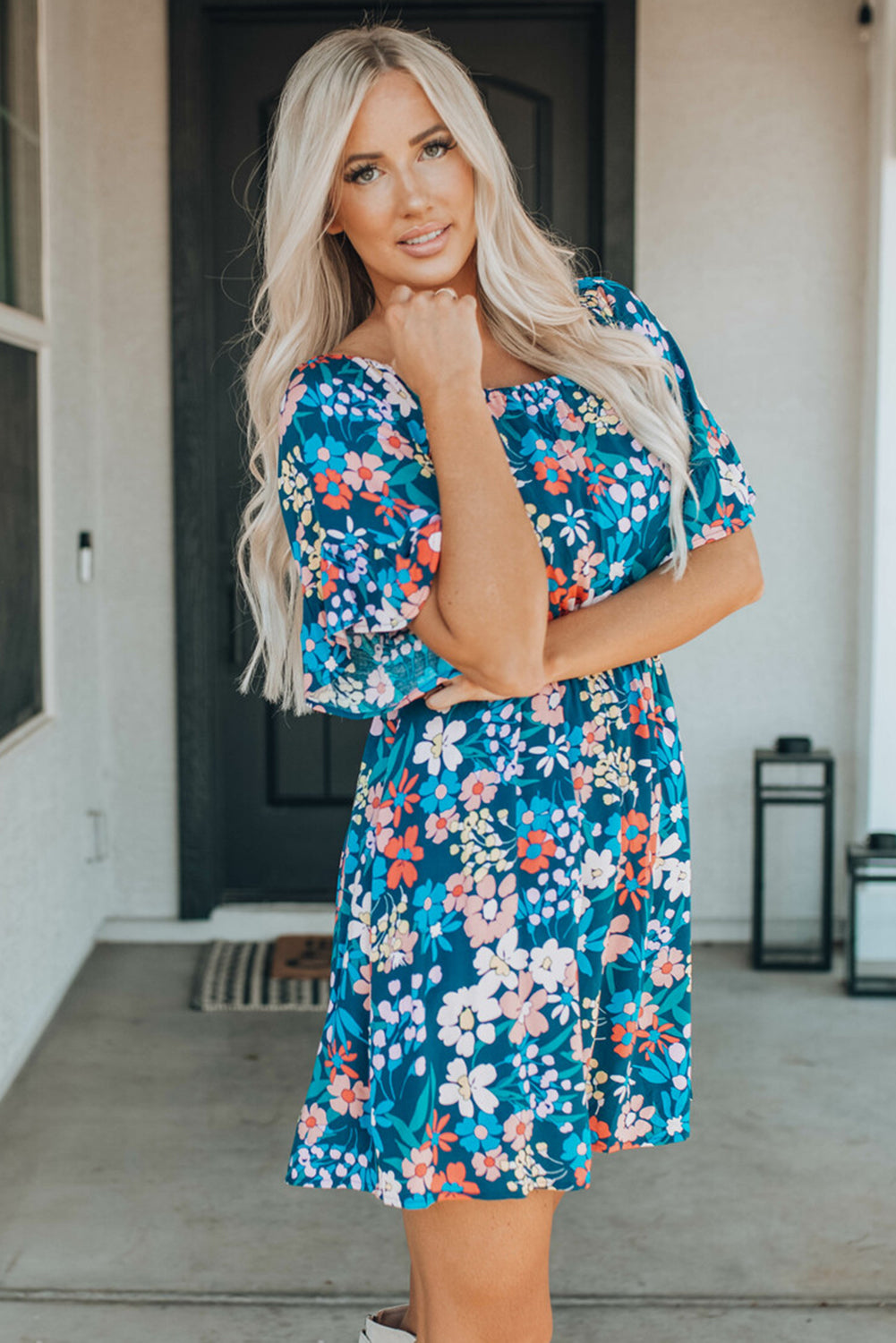 Bohemian Floral Print Off Shoulder Short Dress