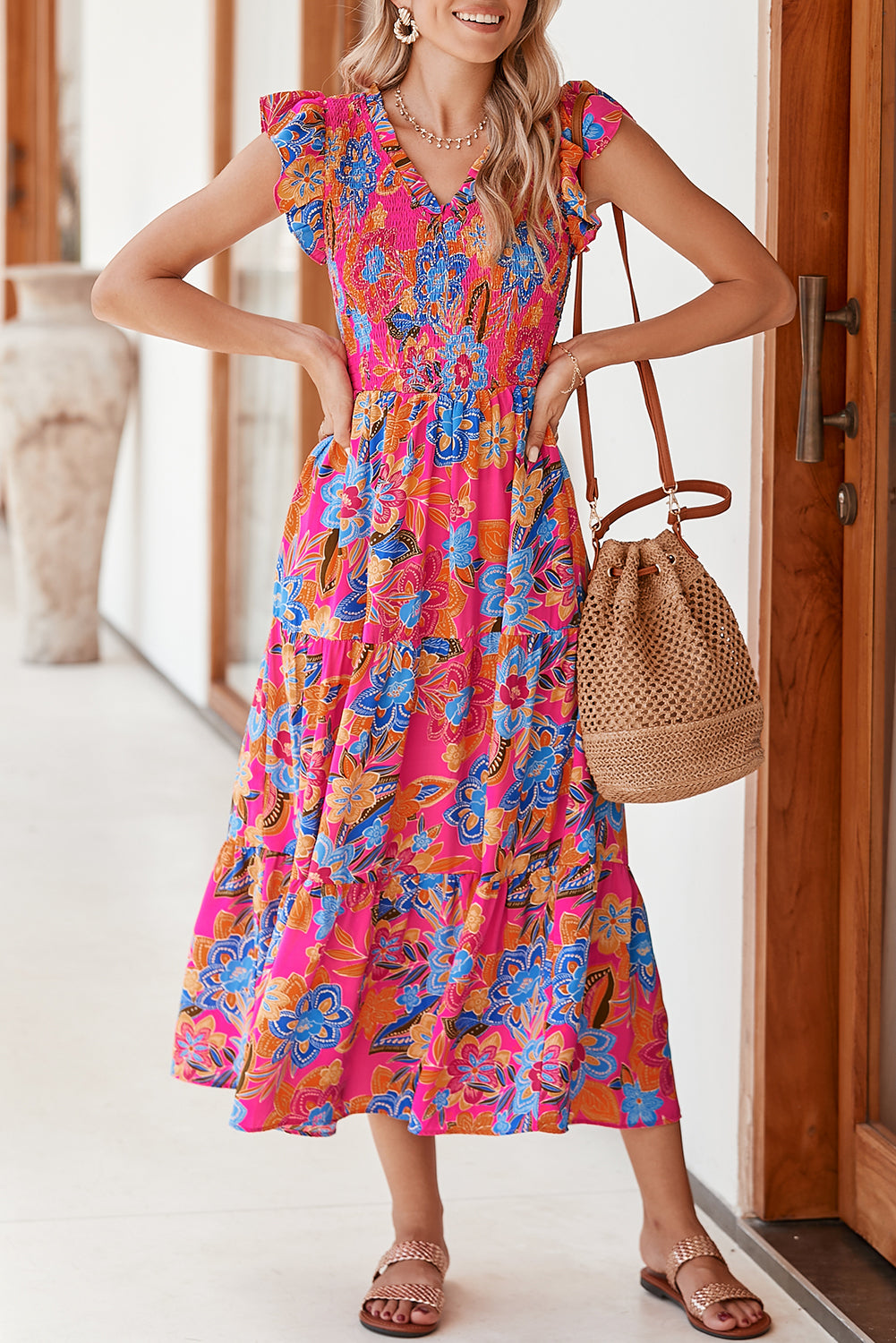 Boho Floral V Neck Ruffle Tiered Long Dress