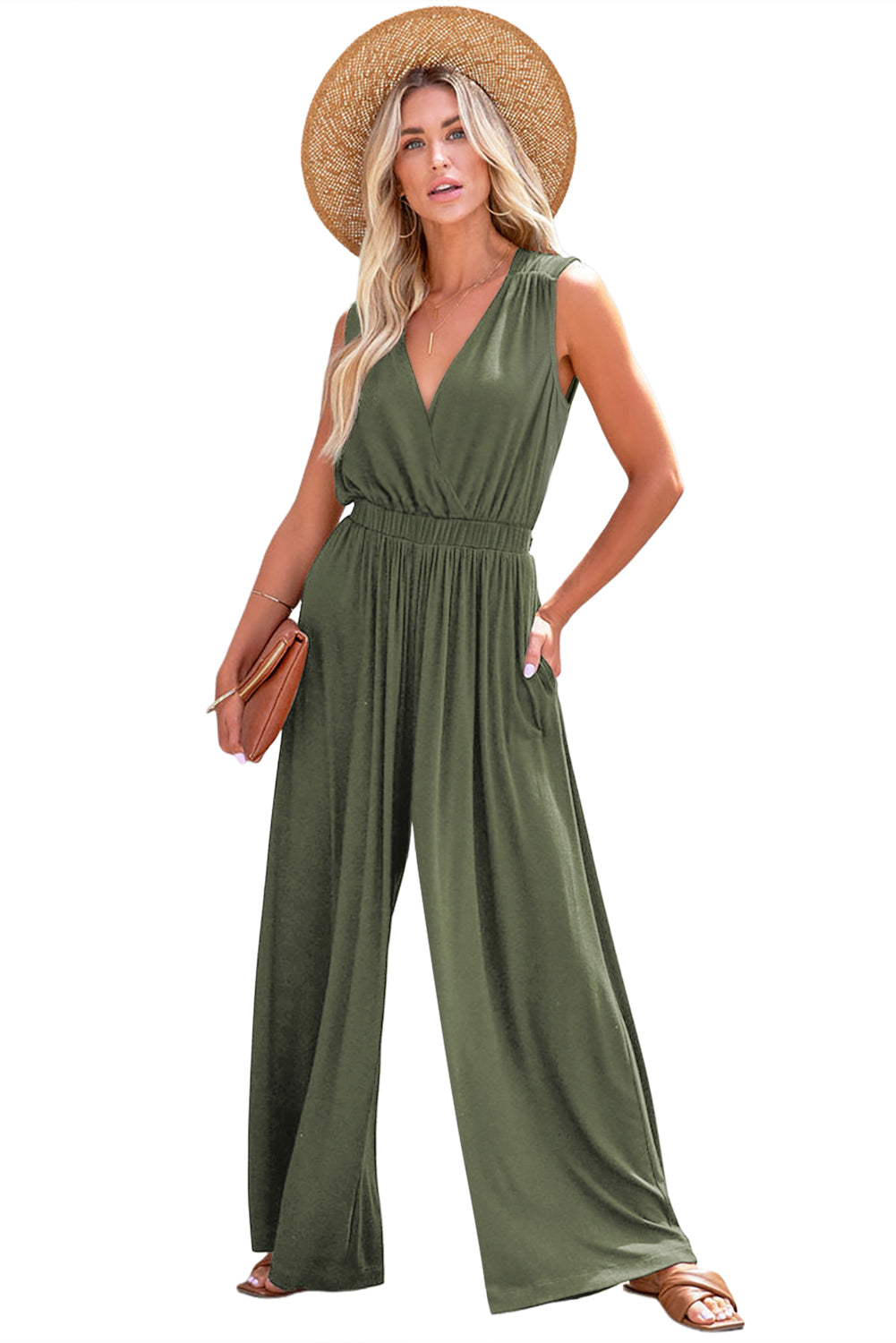 Black Deep V Pocketed Pleated Wide Leg Jumpsuit