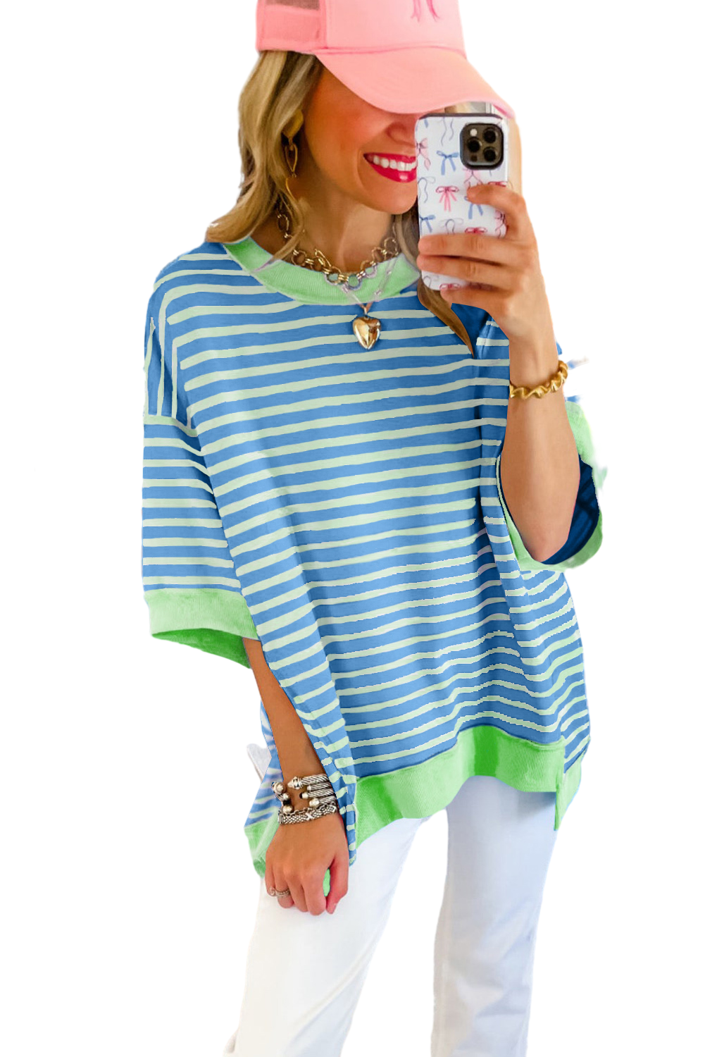 Stripe Colorblock Drop Sleeve Oversized T Shirt