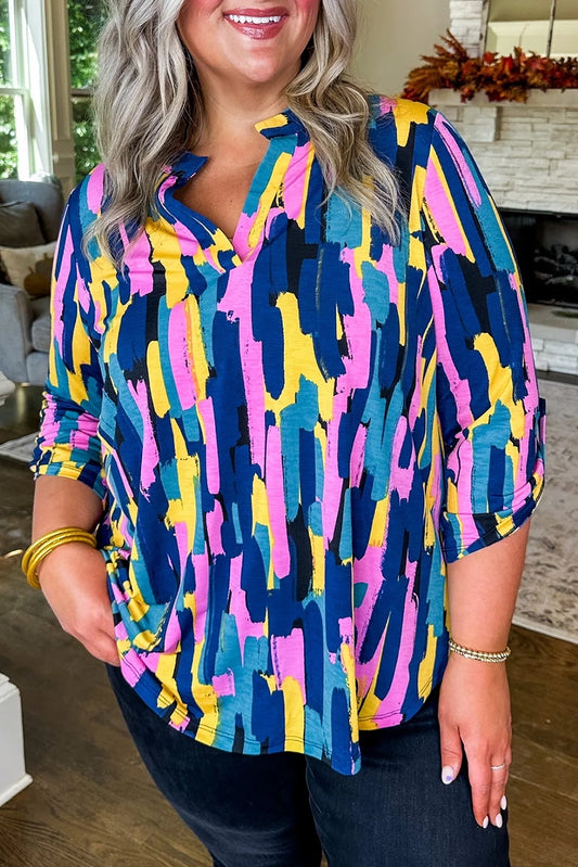 Blue Plus Size Abstract Print 3/4 Sleeve Blouse