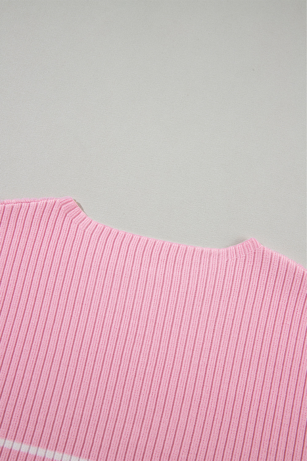 Pink Plus Size Ribbed Stripe Round Neck T Shirt