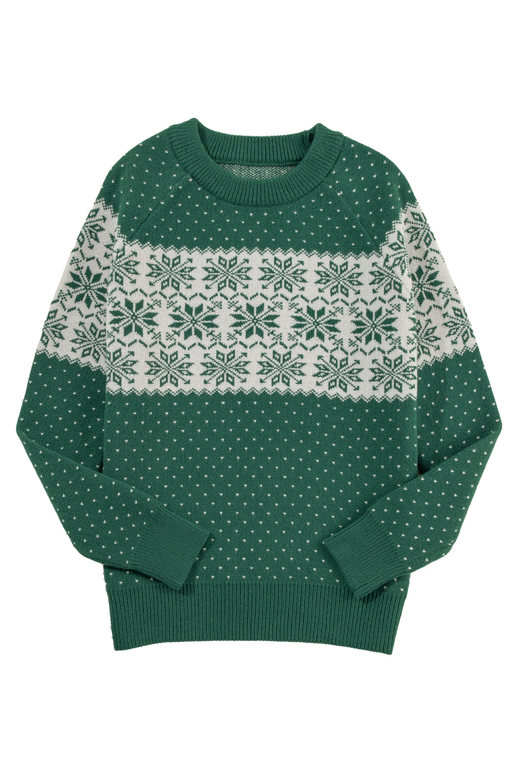 Green Snowflake Dotted Print Round Neck Sweater