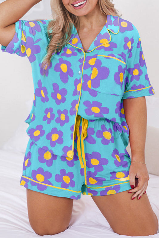 Curvy Sky Blue Cute Flower Print Contrast Trimmed Short PJ Set