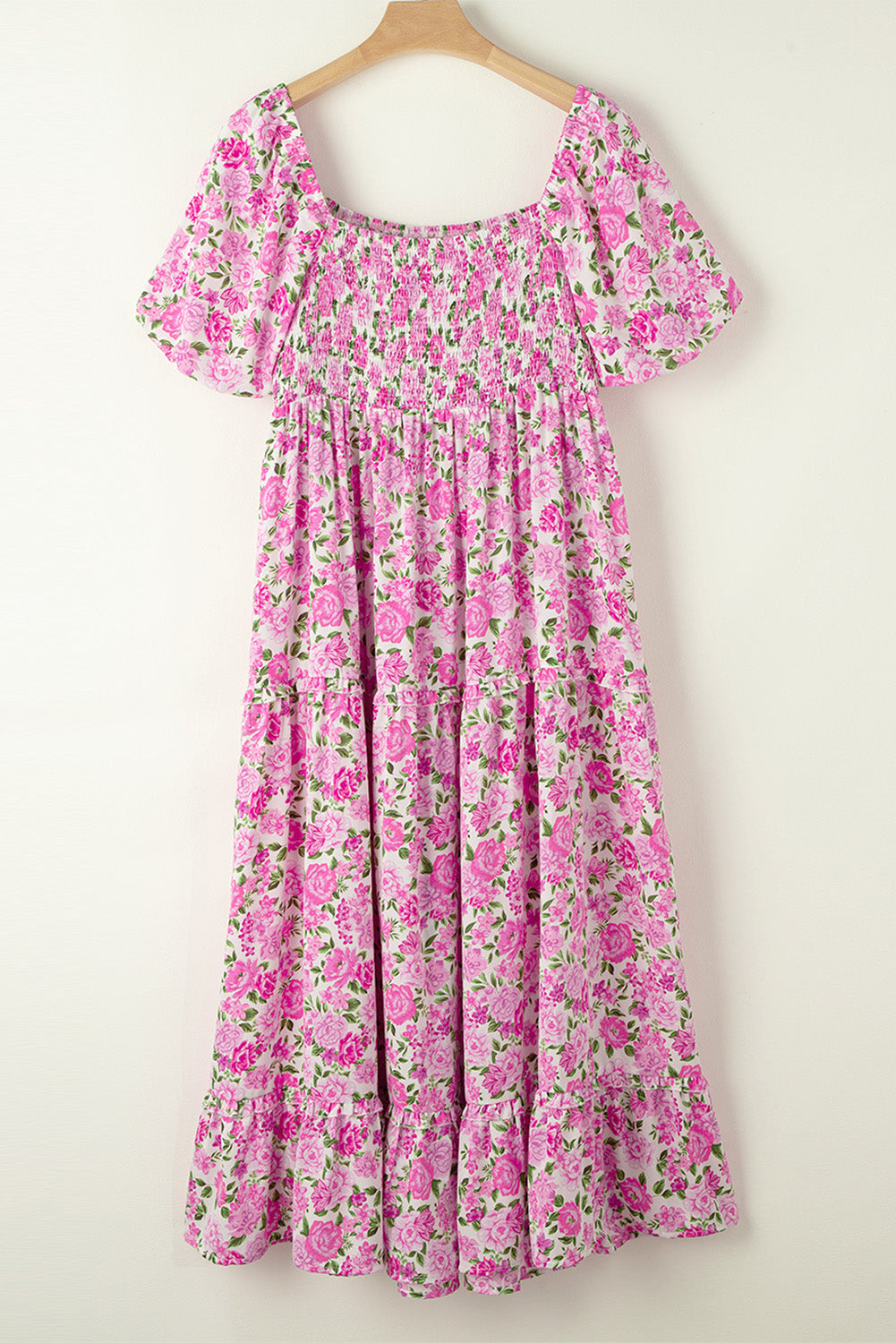 Pink Plus Size Floral Print Smocked Puff Sleeve Maxi Dress