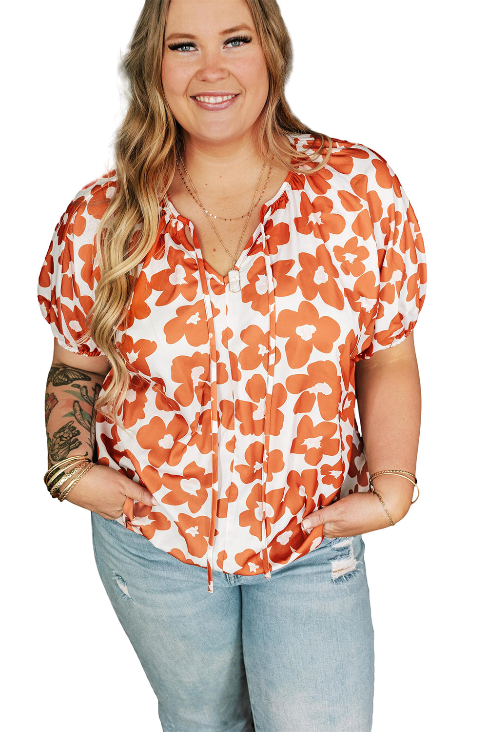 Orange Floral Print Drawstring V Neck Short Sleeve Blouse