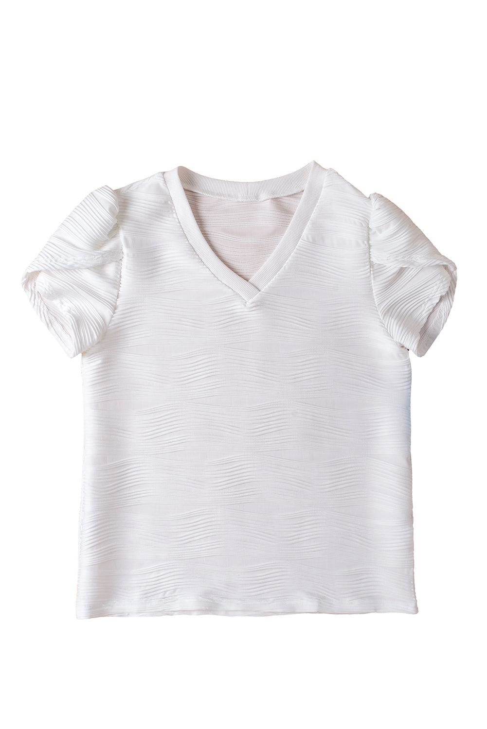 White Textured V-Neck Short Tulip Sleeve T Shirt