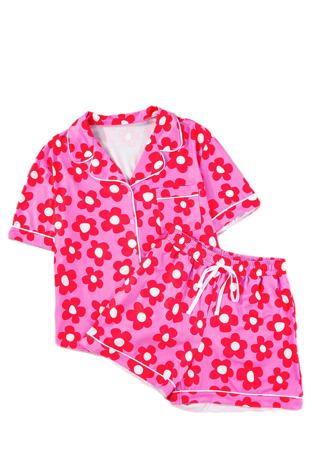 Pink 60s Flower Print Buttoned Shirt and Drawstring Waist Pajama Set