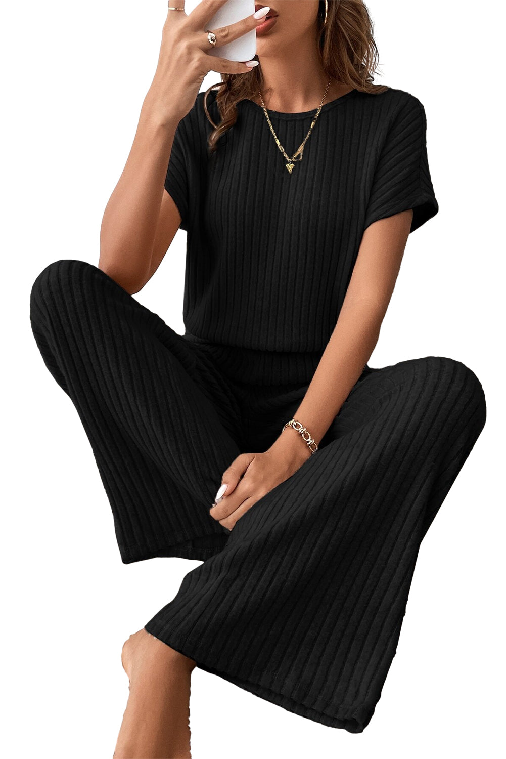 Solid Color Ribbed Short Sleeve Wide Leg Jumpsuit