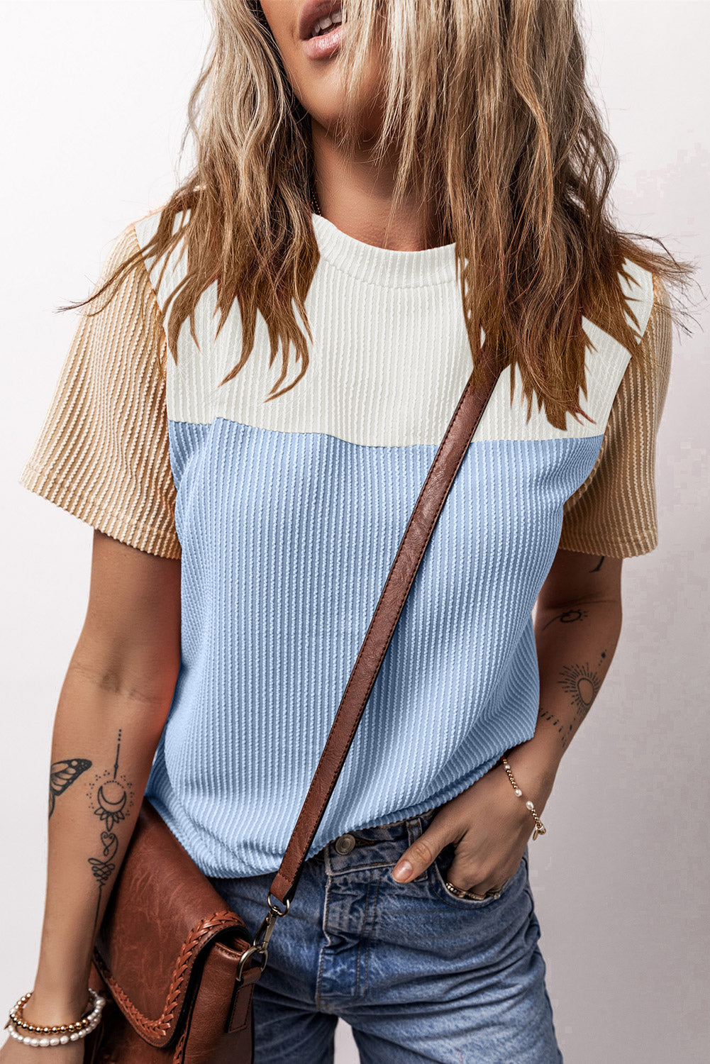 Ribbed Textured Colorblock T Shirt