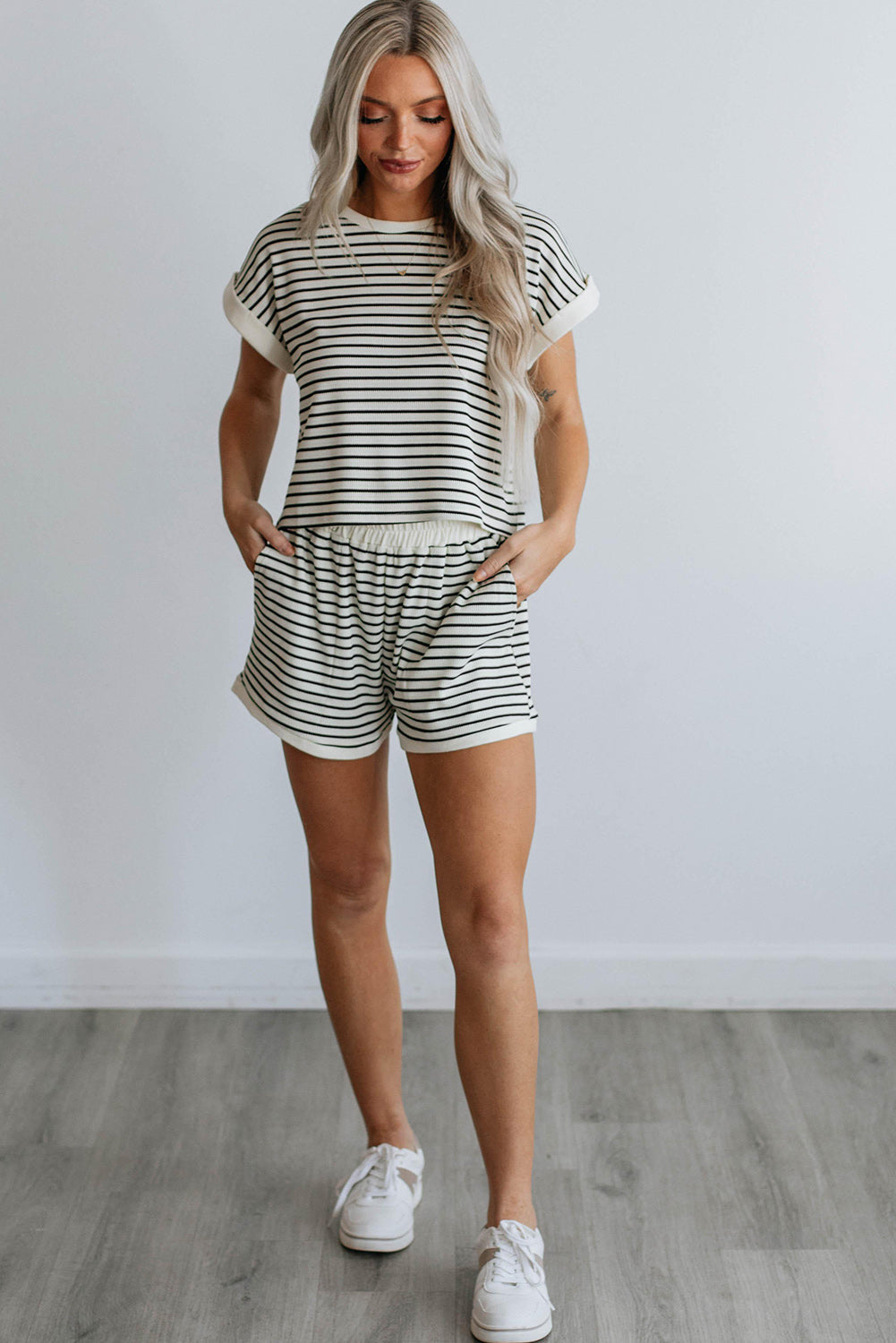 White Stripe Contrast Trim Rib Tee and Pocketed Shorts Set