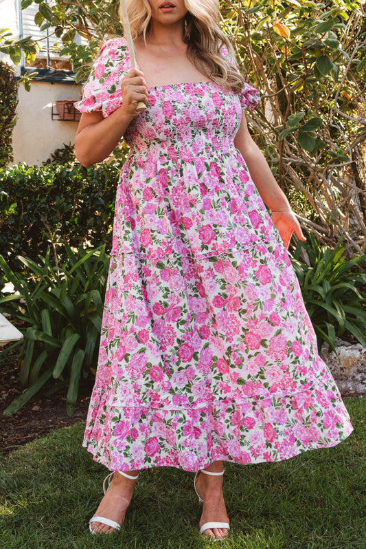 Pink Plus Size Floral Print Smocked Puff Sleeve Maxi Dress