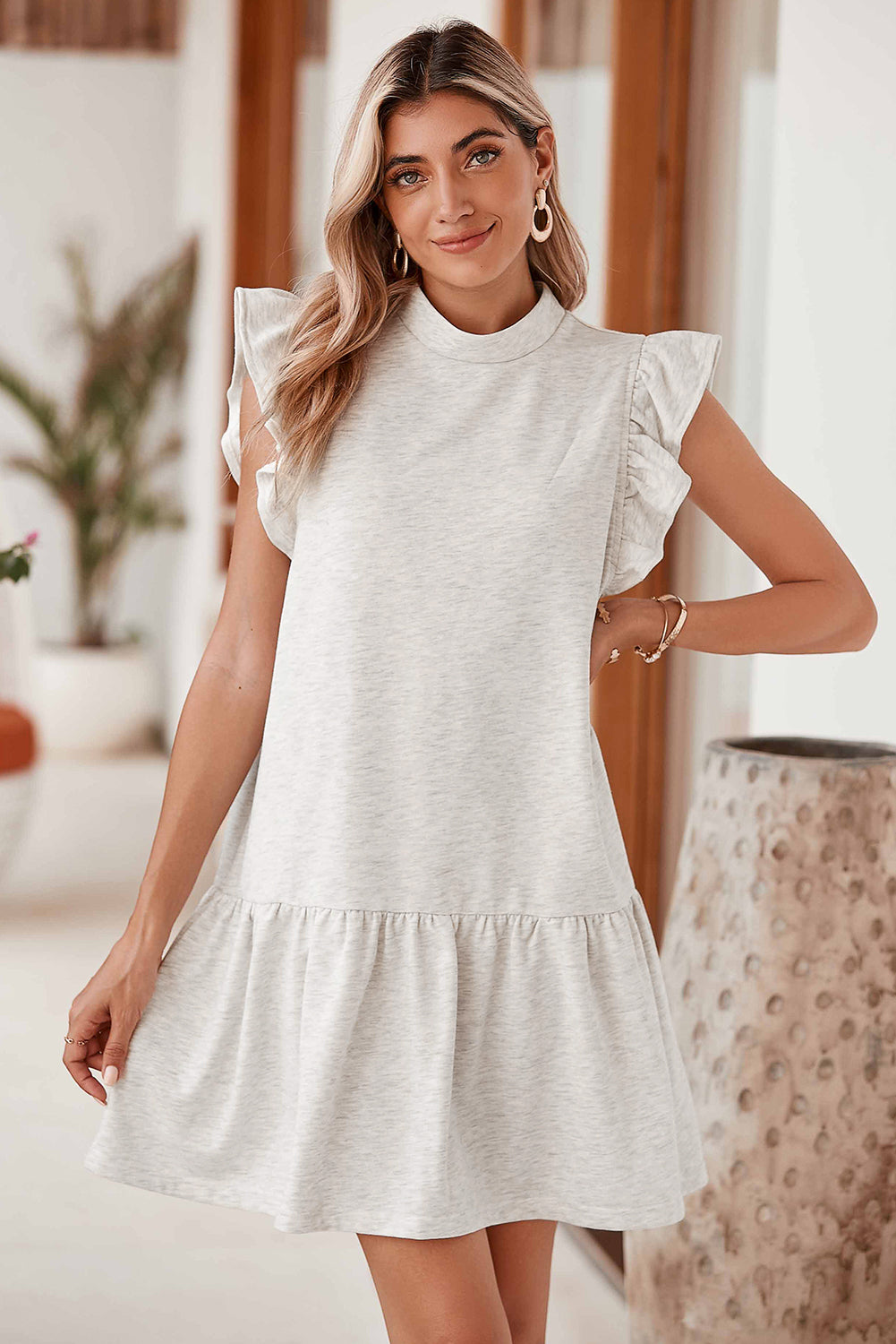 Solid Color Ruffle Hem Mini Sweatshirt Dress