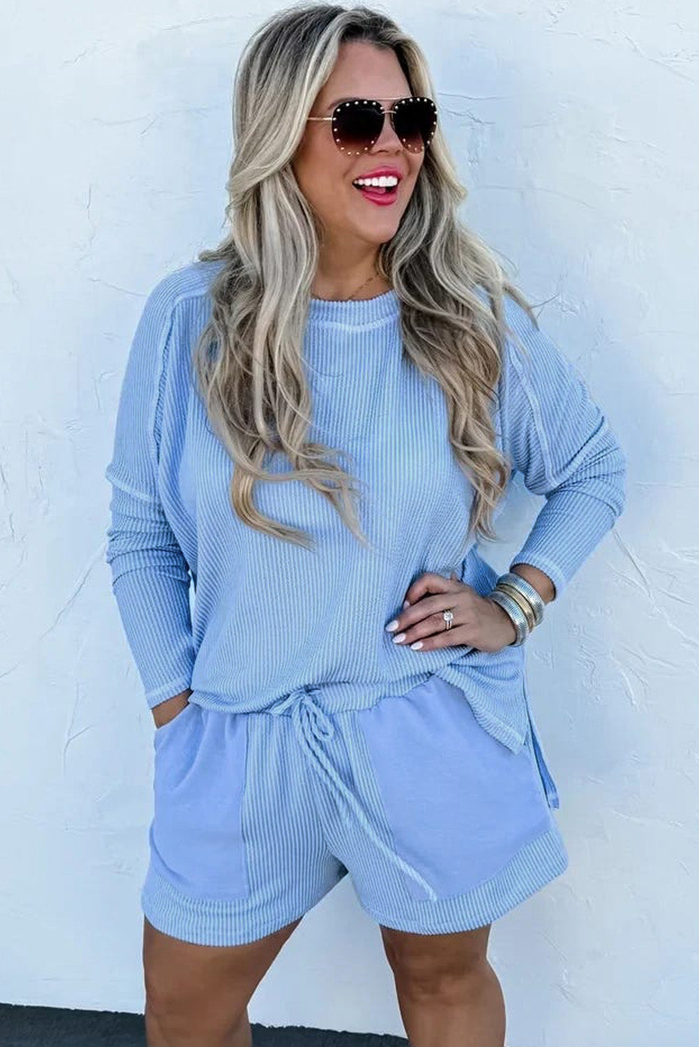 Light Blue Plus Size Ribbed Long Sleeve Top and Drawstring Shorts Set-Arriving 7/25