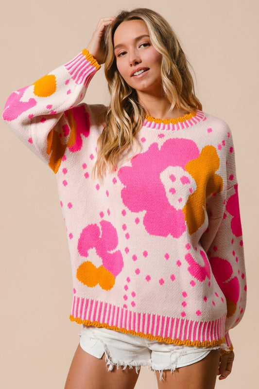 BiBi Flower Pattern Contrast Sweater