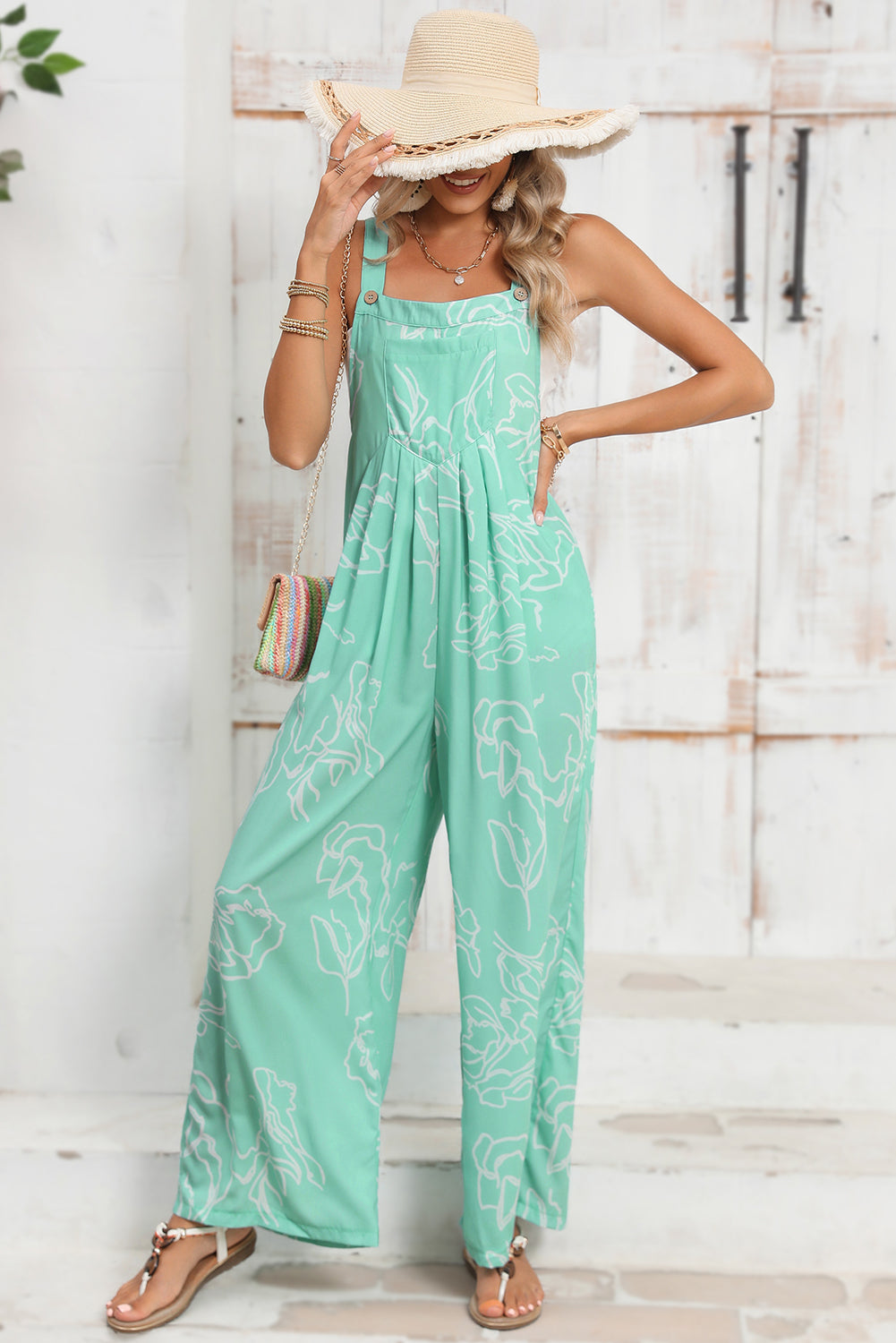 Moonlight Jade Abstract Print Wide Leg Overall