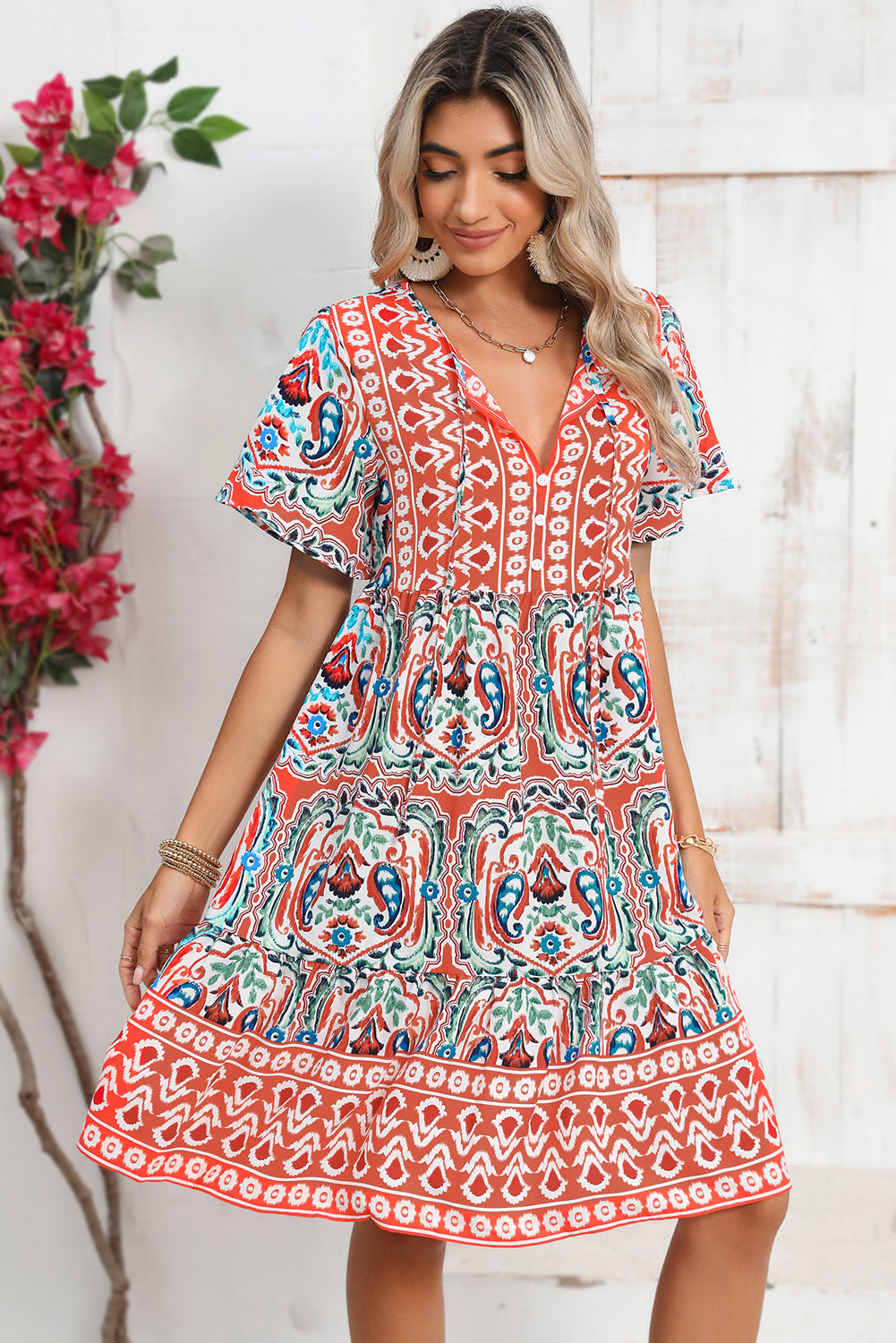 Bohemian Tie Neck Flounce Sleeve Ruffle Hem Mini Dress