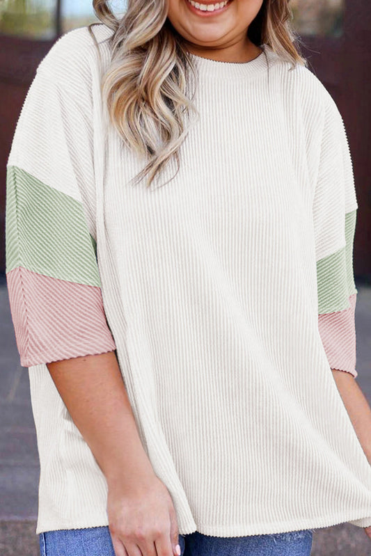 White Textured Colorblock Patchwork Half Sleeve Plus T Shirt