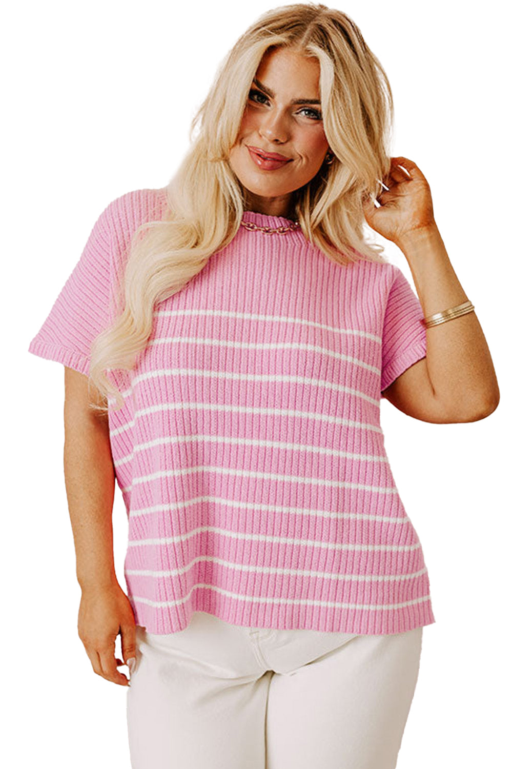 Pink Plus Size Ribbed Stripe Round Neck T Shirt