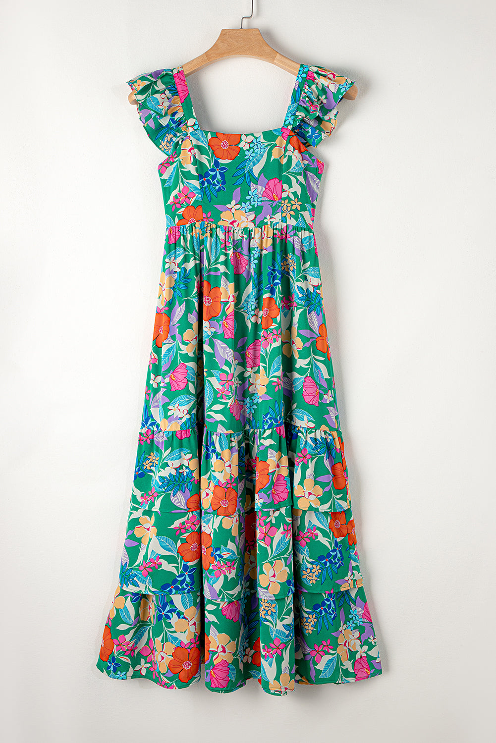 Boho Floral Print Ruffle Sleeveless Tiered Maxi Dress