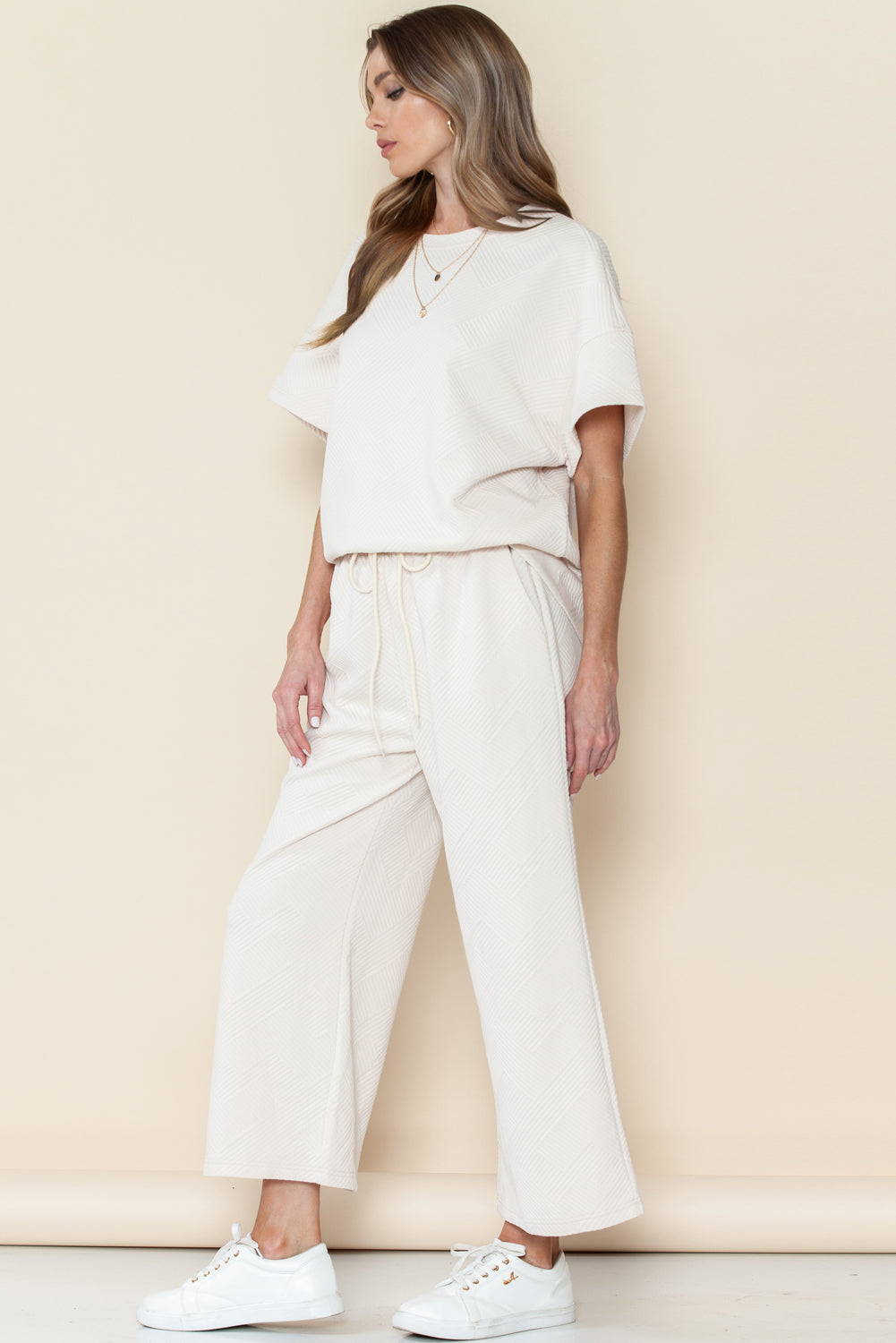 Textured Loose Fit T Shirt and Drawstring Pants Set