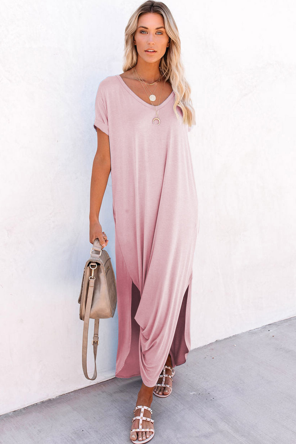 Solid Color Hidden Pocket V Neck Slit Maxi Dress