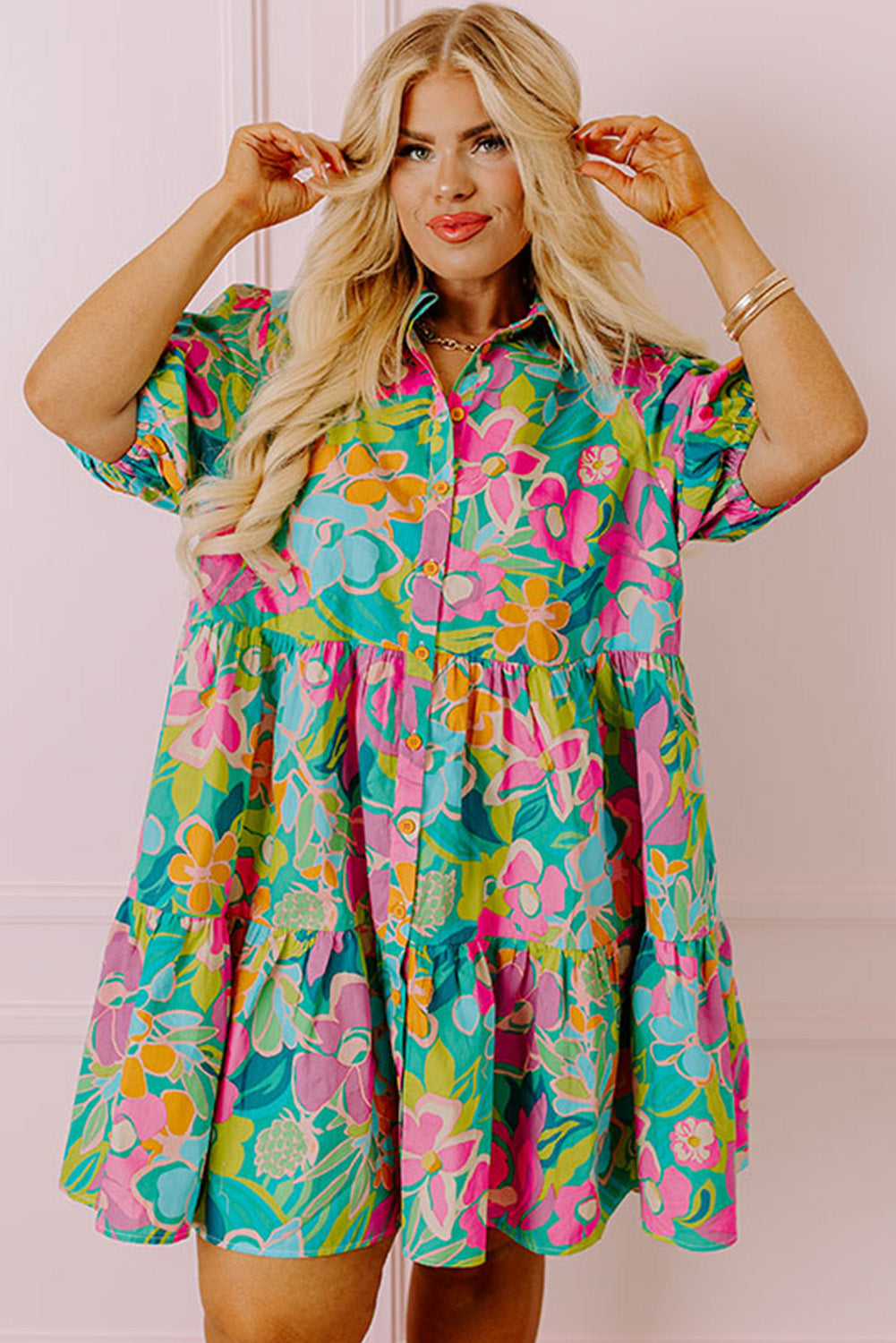 Plus Floral Print Puff Sleeve Tiered Shirt Dress