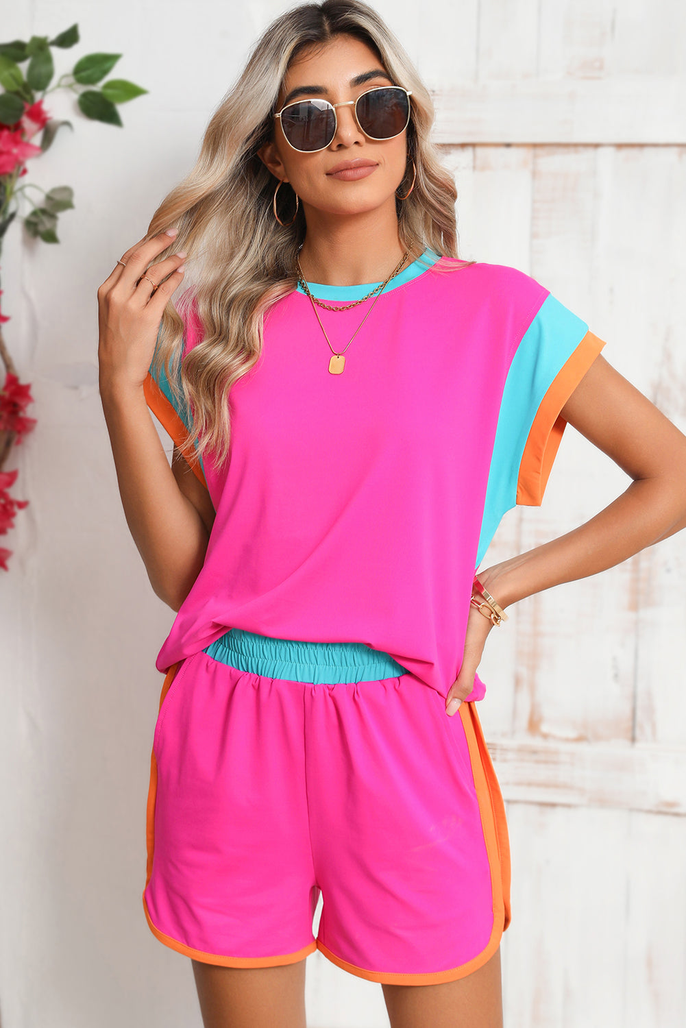 Rose Red Color Block Loose Fit Top and Elastic Waist Shorts Set