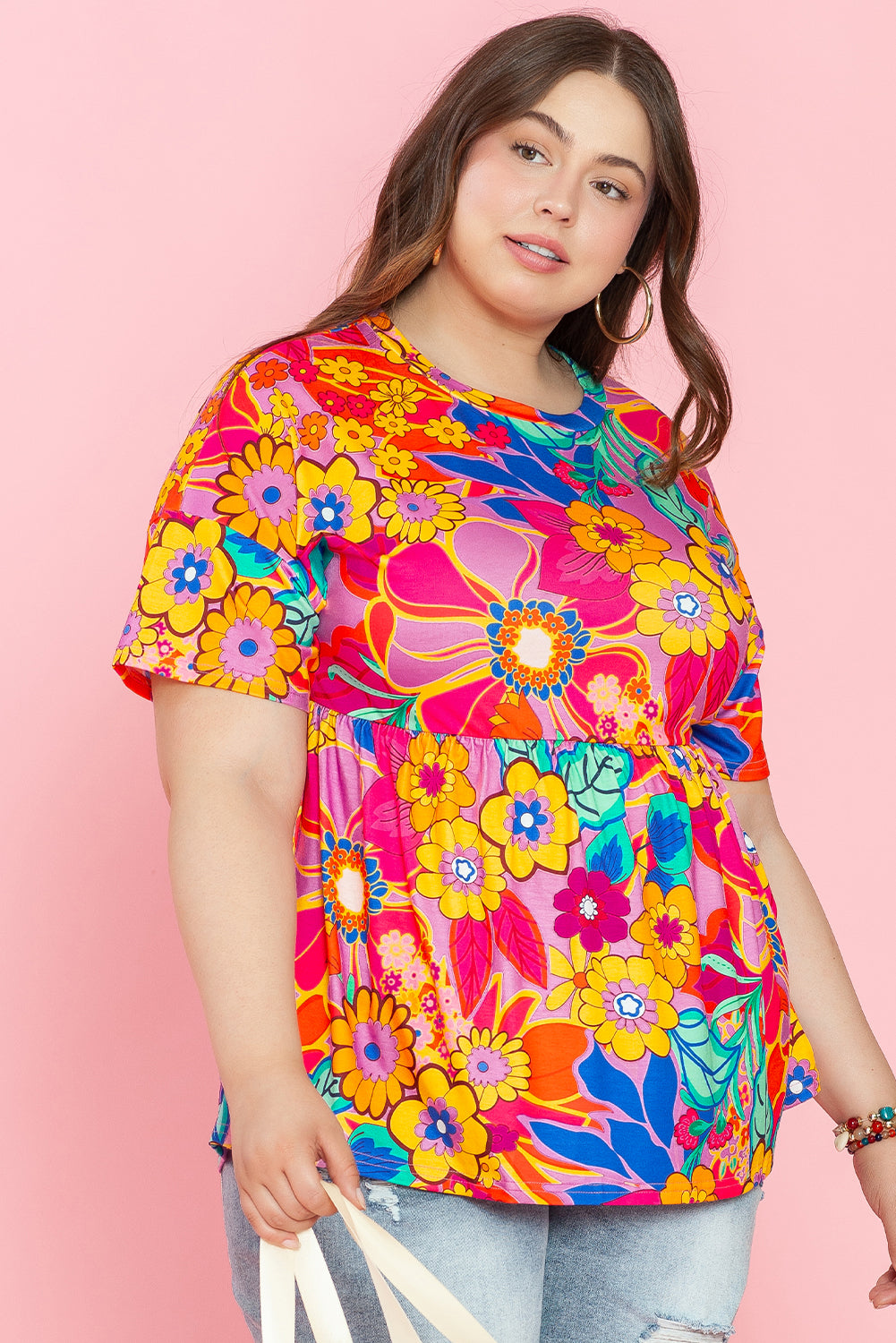 Boho Floral Print Plus Size Babydoll Blouse