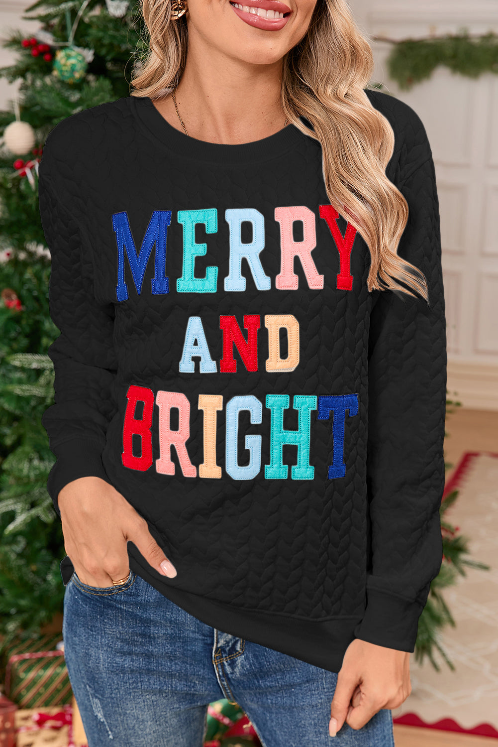 Blackish Green Merry And Bright Quilted Sweatshirt