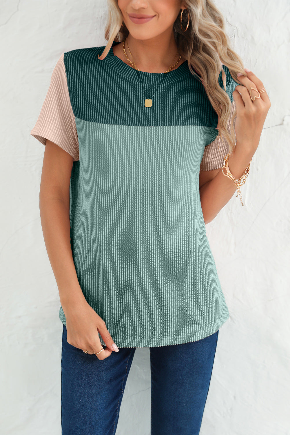 Ribbed Textured Colorblock T Shirt