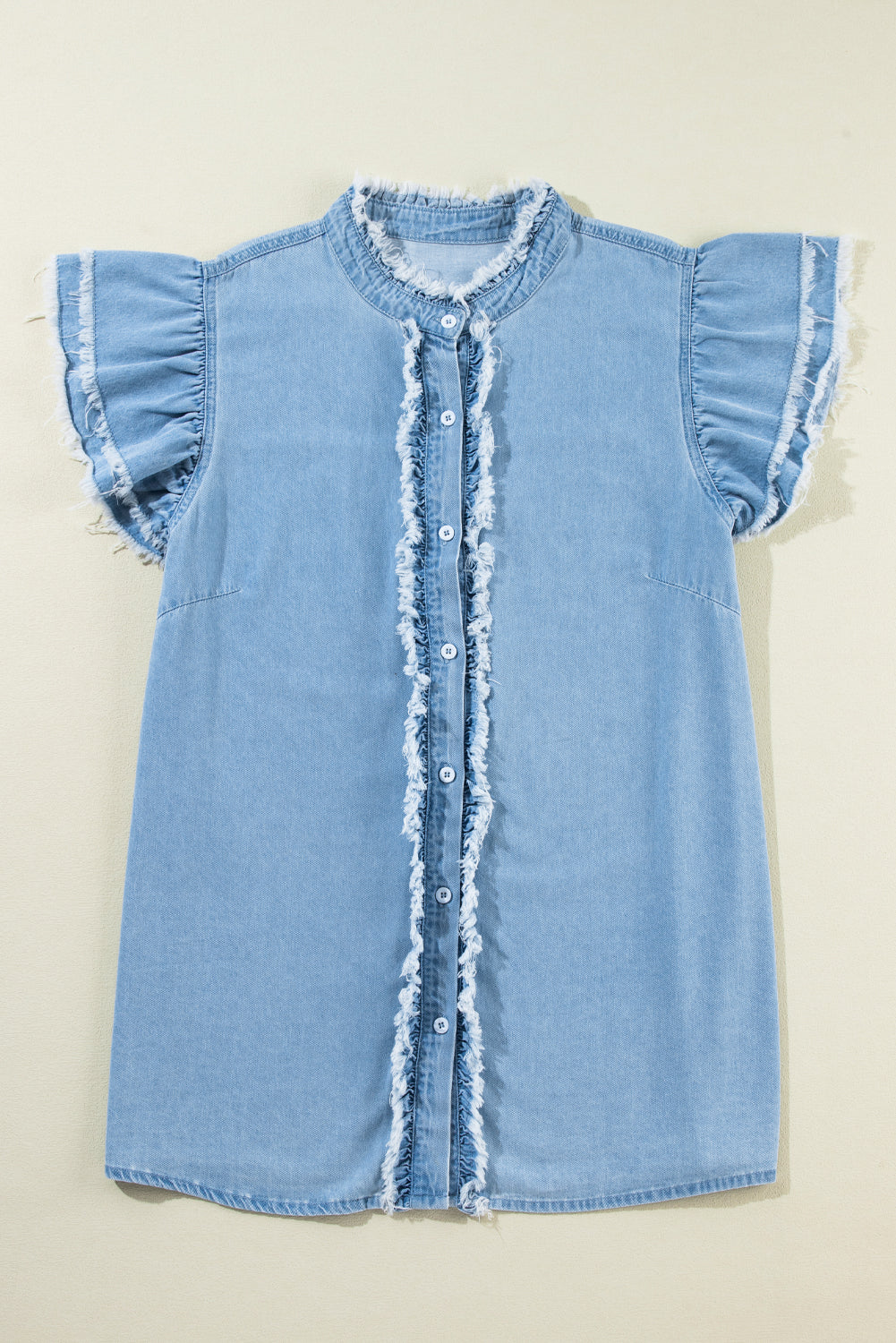 Dusk Blue Ruffled Sleeve Button Up Frayed Plus Size Denim Top