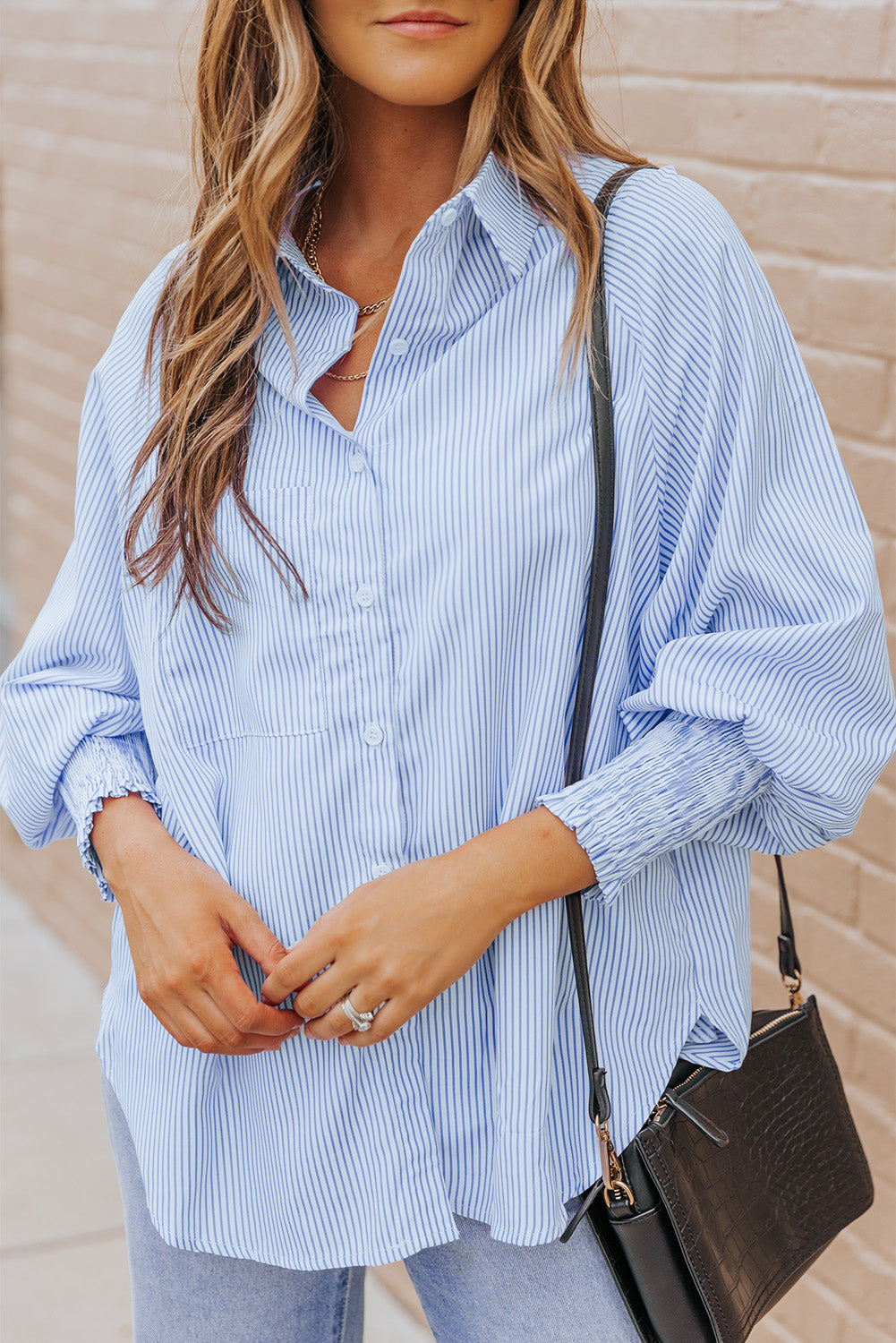 Striped Casual Shirred Cuffs Shirt