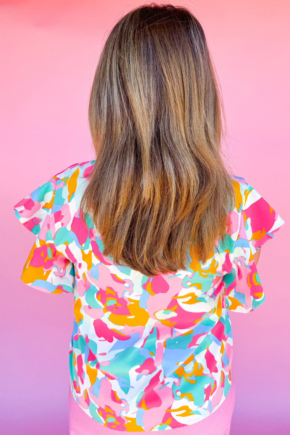 Multicolour Abstract Print Smocked Neck Ruffle Plus Blouse