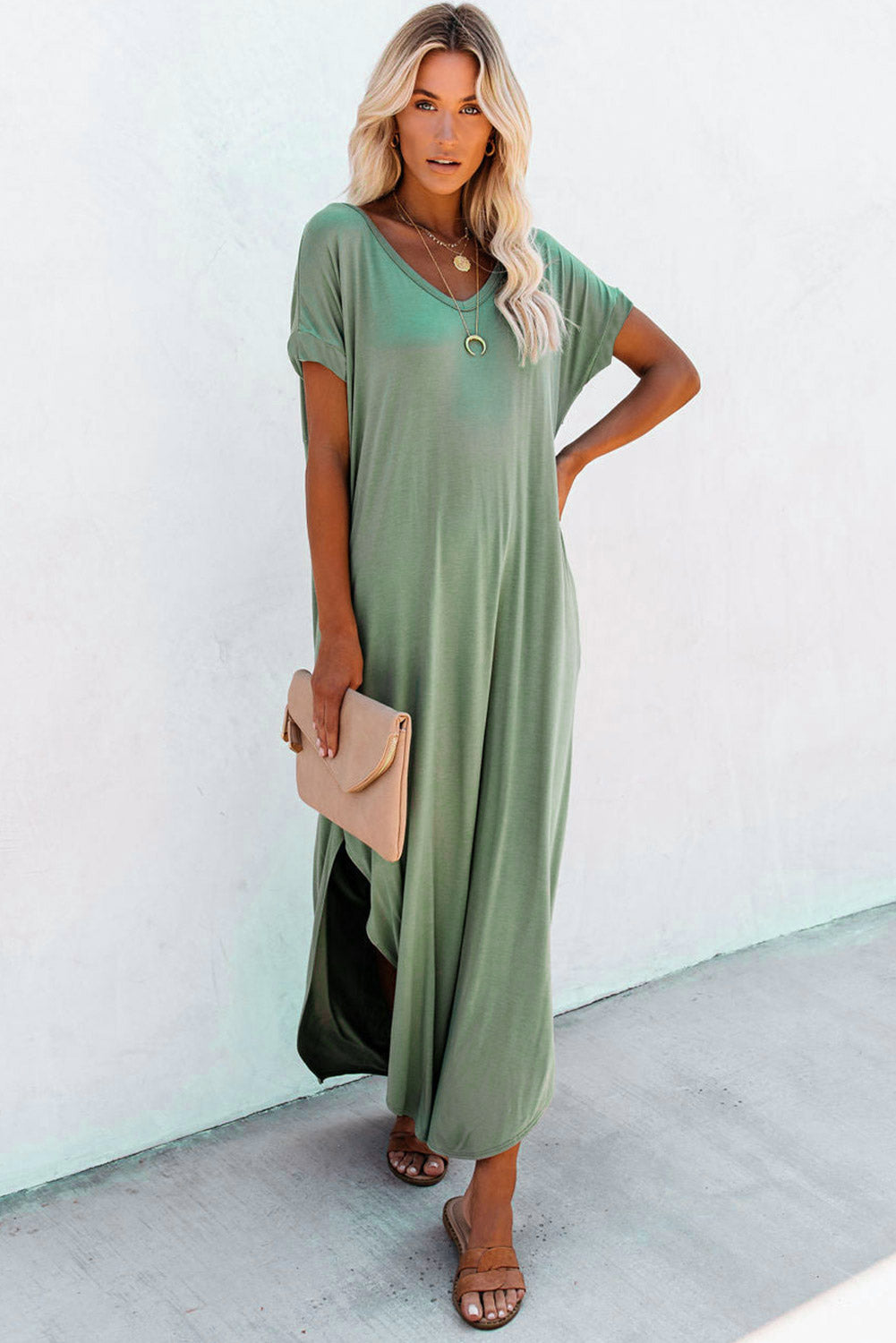 Solid Color Hidden Pocket V Neck Slit Maxi Dress